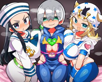  3girls apoqulyps_245 beanie belt black_eyes black_hair blonde_hair blue_eyes blue_overalls blue_pants blue_sleeves blush breast_press breasts cleavage clothing_cutout commentary_request dixie_cup_hat genderswap genderswap_(mtf) green_belt green_eyes grey_hair hair_between_eyes hair_ornament hat heart_ornament higashikata_josuke_(jojolion) highres hood hood_down hooded_overalls hoodie horseshoe_hat_ornament horseshoe_ornament jodio_joestar johnny_joestar jojo_no_kimyou_na_bouken jojolion large_breasts long_hair long_sleeves looking_at_viewer medium_hair midriff military_hat multicolored_eyes multiple_girls navel open_mouth overalls pants pink_belt purple_eyes sailor sailor_collar sailor_hat shirt short_hair sitting smile star_(symbol) star_hair_ornament star_print steel_ball_run sweat symmetrical_docking the_jojolands two-tone_eyes two-tone_sleeves white_hat white_hoodie white_pants white_sailor_collar white_shirt white_sleeves 