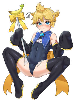  1boy arm_tattoo back_bow black_boots black_sleeves blonde_hair blue_eyes blue_one-piece_swimsuit blue_sailor_collar blush boots bow brooch bulge c_take0141 colored_shoe_soles commentary_request crossdressing crossdressing_(mtf) detached_sleeves embarrassed frilled_one-piece_swimsuit frills full_body headphones high_heel_boots high_heels highres holding holding_staff jewelry kagamine_len kagamine_len_no_bousou_(vocaloid) large_bow looking_at_viewer m_legs magical_girl male_focus number_tattoo old_school_swimsuit one-piece_swimsuit ponytail sailor_collar school_swimsuit short_hair short_ponytail shota sleeves_past_fingers sleeves_past_wrists solo spread_legs squiggle staff swimsuit tattoo thigh_boots topknot trap vocaloid w_arms 