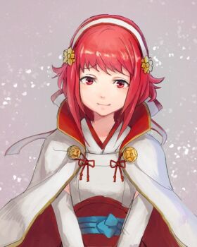  1girl closed_mouth commentary_request fire_emblem fire_emblem_fates hairband hashiko_(neleven) japanese_clothes looking_at_viewer nintendo pink_eyes pink_hair sakura_(fire_emblem) smile solo white_hairband 