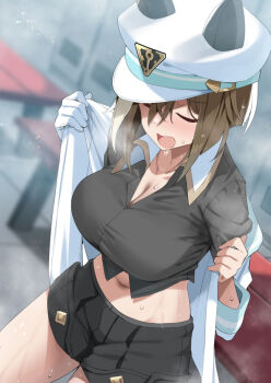  1girl animal_ears black_shirt black_shorts blurry blurry_background breasts brown_hair cheval_grand_(grand_itineraire)_(umamusume) cheval_grand_(umamusume) cleavage closed_eyes commentary_request ears_through_headwear hair_between_eyes hat horse_ears horse_girl large_breasts multicolored_hair open_mouth sasanon_(sasapoliton) shirt short_hair shorts solo speech_bubble streaked_hair sweat thighs thought_bubble twitter_username umamusume undressing white_hair white_hat 