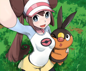  1girl :d black_pantyhose blue_eyes blurry blush breast_press breasts brown_hair commentary_request day depth_of_field double_bun gen_5_pokemon grass hair_bun long_hair looking_at_viewer medium_breasts nintendo open_mouth outdoors outstretched_arm pantyhose pokemon pokemon_(creature) pokemon_bw2 print_shirt puffy_shorts revision rosa_(pokemon) shirt shorts smile squid_neetommy tepig twintails visor_cap yellow_shorts 