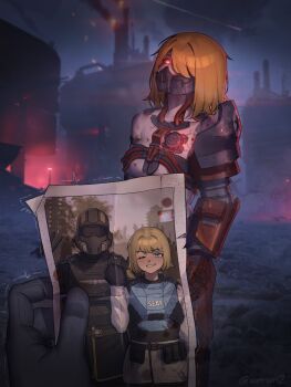  1girl armor blonde_hair blue_eyes clenched_hand cyborg_(helldivers) glowing glowing_eyes helldiver_(helldivers) helldivers_(series) highres holding mechanization one_eye_closed photo_(object) red_eyes seaf_soldier_(helldivers) sky trembling twitter_username v xanran 