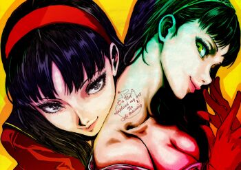  absurdres amagi_yukiko black_hair breasts brown_eyes cardigan cleavage hairband highres lipstick long_hair makeup naughty_face oeilvert_fft persona persona_4 persona_4:_dancing_all_night persona_4_the_animation persona_4_the_golden persona_dancing red_cardigan red_hairband school_uniform shadow_(persona) shadow_yukiko simple_background yasogami_school_uniform 