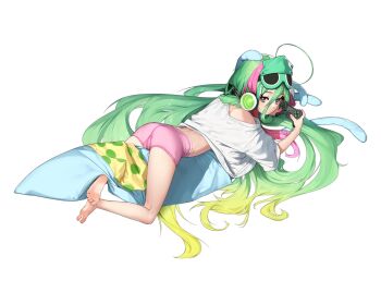  1girl ahoge ass barefoot beeeeen blonde_hair boyshort_panties controller eye_mask feet game_controller gradient_hair green_eyes green_hair hair_spread_out handheld_game_console headphones highres holding holding_controller holding_game_controller huge_ahoge ireina_(last_origin) last_origin loli long_hair looking_at_viewer mask multicolored_hair multiple_girls nail_polish non-web_source official_alternate_costume official_art panties pillow pink_hair safety_pin shirt short_hair soda squid tachi-e tank_top tape transparent_background two-tone_hair underwear very_long_hair white_shirt 