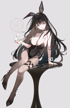  1girl absurdres animal_collar animal_ear_hairband animal_ears arm_support bare_shoulders between_breasts black_hair black_leotard black_nails black_shoes breasts collar commentary_request cross cross_earrings ear_piercing earrings fake_animal_ears floating_hair glasses grey_background grey_eyes hair_spread_out hairband heart heart_earrings high_heels highleg highleg_leotard highres holding holding_removed_eyewear jewelry large_breasts leash leotard long_hair looking_at_viewer mismatched_earrings mole mole_under_eye nail_polish o-ring o-ring_thigh_strap on_table open_mouth original pantyhose piercing playboy_bunny rabbit_ear_hairband rabbit_ears ring round_eyewear shiny_skin shoes sikimosh simple_background sitting smile solo table thigh_strap unworn_eyewear very_long_hair watermark white_wrist_cuffs wrist_cuffs 