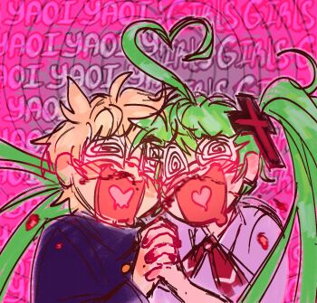  1boy 1girl @_@ ahoge aroused_nosebleed blonde_hair blood blush coke-bottle_glasses collared_shirt confessions_of_a_rotten_girl_(vocaloid) cross_hair_ornament fujoshi gakuran glasses green_hair hair_ornament hatsune_miku heart heart_ahoge highres himedanshi holding_hands hug kagamine_len long_hair m4ycrowave nosebleed open_mouth plaid_clothes plus_danshi_(vocaloid) school_uniform shirt short_sleeves smile songover twintails very_long_hair wavy_mouth white_shirt 