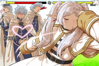  1girl 2boys 69_(meme) afterimage arm_up belt blood blood_from_mouth blue_hair cape capelet character_name closed_eyes commentary crossover earrings english_commentary frieren frieren_blowing_a_kiss green_hair hand_on_own_head haraya_manawari health_bar heart himmel_(sousou_no_frieren) jewelry long_hair long_sleeves meme multiple_boys naoya_hitting_choso_without_looking_(meme) nosebleed one_piece outstretched_arm pointy_ears puckered_lips roronoa_zoro short_hair sousou_no_frieren twintails user_interface 