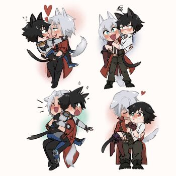 animal_ears black_hair blue_eyes blush carrying cat_ears cat_tail chibi closed_eyes coat dante_(devil_may_cry) devil_may_cry devil_may_cry_(netflix) devil_may_cry_(series) devil_may_cry_3 dual_persona green_eyes heart heterochromia highres jumpoon kemonomimi_mode kiss lady_(devil_may_cry) multiple_views princess_carry red_coat red_eyes shirt tail white_hair white_shirt 