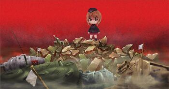  1girl black_hat black_jacket brown_eyes brown_hair bt-42 chinpui_(chinpui02) churchill_(tank) commentary_request cross debris emblem flag garrison_cap girls_und_panzer gradient_background hat iron_cross jacket keizoku_(emblem) kuromorimine_military_uniform kv-2 matilda_(tank) military military_hat military_jacket military_uniform military_vehicle miniskirt motor_vehicle nishizumi_miho pleated_skirt pravda_(emblem) red_background red_shirt red_skirt shirt skirt solo st._gloriana's_(emblem) standing tank white_flag 