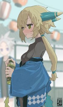  1girl absurdres blonde_hair blue_horns blush bottle bouhuman breasts character_request commentary_request coral_(summon_night) day dragon_girl dragon_horns from_side hair_between_eyes highres holding holding_bottle horns lantern looking_at_another outdoors paper_lantern ponytail small_breasts solo_focus standing summer summon_night summon_night_4 sweat tail undersuit wide_sleeves yellow_eyes 