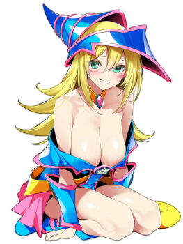 1girl areola_slip bare_shoulders blonde_hair blue_boots blue_dress blue_hat blush blush_stickers boots bracer breasts cleavage collarbone dark_magician_girl dress duel_monster gem green_eyes grin hat large_breasts long_hair looking_at_viewer mtu_(orewamuzituda) pentacle phrygian_helmet pink_dress pink_gemstone pink_hat pink_skirt pink_trim simple_background skirt smile solo sweat thighs two-tone_dress two-tone_hat white_background wizard_hat yellow_collar yu-gi-oh! yu-gi-oh!_duel_monsters rating:Questionable score:24 user:danbooru