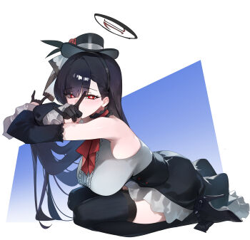  1girl \n/ absurdres armpits black_gloves black_hair black_hat black_shoes black_skirt black_thighhighs blue_archive blush breasts bright_pupils center_frills commentary cosplay covered_mouth crossed_arms detached_sleeves dokshuri frills gloves grey_shirt halo hat high_heels highres idol_clothes invisible_table kneeling large_breasts leaning_on_object long_hair looking_at_viewer mini_hat red_eyes rio_(blue_archive) sakurako_(blue_archive) sakurako_(blue_archive)_(cosplay) sakurako_(idol)_(blue_archive) shirt shoes skirt sleeveless sleeveless_shirt solo straight_hair thighhighs very_long_hair white_pupils 