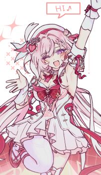  1girl ;o arm_up armpits beret breasts commentary_request diamond-shaped_pupils diamond_(shape) dress earrings elf elysia_(hi_love_elf)_(honkai_impact) elysia_(honkai_impact) gloves hat heart heart_earrings high_heels highres honkai_(series) honkai_impact_3rd instrument jewelry kin_(k27i7n) large_breasts long_hair looking_at_viewer one_eye_closed pink_hair pointy_ears purple_eyes red_dress solo speech_bubble symbol-shaped_pupils thighhighs trumpet very_long_hair white_dress white_gloves white_thighhighs 