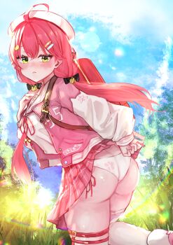 1girl ahoge ass ass_focus blush breasts butt_crack clothes_lift embarrassed from_behind green_eyes hair_ornament hairclip hat hololive jacket long_hair looking_at_viewer panties pink_hair sakura_miko sakura_miko_(school_uniform) school_uniform skirt skirt_lift solo thick_thighs thighhighs thighs twintails underwear very_long_hair virtual_youtuber yuzuno_wagiri