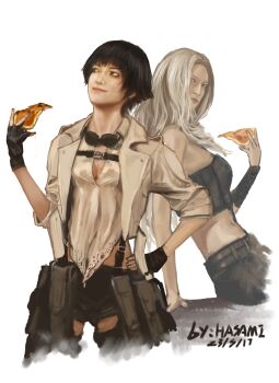  2girls absurdres artist_name black_hair black_pants blonde_hair dated devil_may_cry_(series) devil_may_cry_5 food goggles goggles_around_neck hands_on_own_hips heterochromia highres holding holding_food holding_pizza hua_ha_jiazi jacket lady_(devil_may_cry) long_hair multiple_girls pants pizza shirt short_hair smile trish_(devil_may_cry) white_jacket white_shirt 