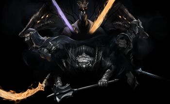  1boy 1girl 1other armor asymmetrical_dual_wielding blue_eyes boreal_outrider_knight coif commentary_request crown dancer_of_the_boreal_valley dark_souls_(series) dark_souls_iii darkness dokomon dual_wielding fire flaming_sword flaming_weapon full_armor gauntlets helmet highres holding holding_mace holding_weapon knight korean_commentary looking_afar looking_at_viewer mace masked monster pontiff_sulyvahn revision sharp_teeth sulyvahn's_beast sword teeth upper_body vordt_of_the_boreal_valley weapon 