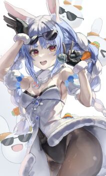  1girl absurdres animal_ear_fluff animal_ears black_gloves black_leotard black_pantyhose blue_hair braid commentary covered_navel detached_sleeves dress eyewear_on_head fur_collar gloves highres holding holding_microphone hololive lazyramen leotard looking_at_viewer microphone multicolored_hair open_mouth pantyhose rabbit_ears rabbit_girl rabbit_pose red_eyes solo strapless strapless_dress sunglasses teeth twin_braids two-tone_hair upper_teeth_only usada_pekora virtual_youtuber w white_dress white_hair 