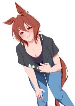  1girl agnes_tachyon_(umamusume) ahoge animal_ears black_hair black_shirt black_sports_bra breasts cleavage clothes_pull flashing hair_between_eyes horse_ears horse_girl horse_tail large_breasts medium_hair nekomeharu0608 pants parted_lips petticoat purple_pants red_eyes shirt shirt_pull short_sleeves slip_showing smile solo sports_bra tail umamusume 