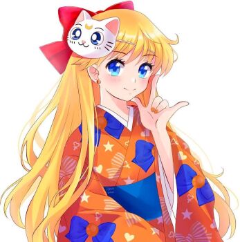  1girl aino_minako artemis_(sailor_moon) bishoujo_senshi_sailor_moon blonde_hair blue_eyes blush bow japanese_clothes katie_shark kimono long_hair nail_polish red_bow wide_sleeves  rating:General score:6 user:zombiespacial