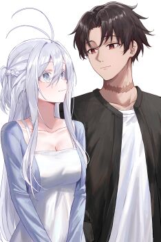  1boy 1girl 86_-eightysix- absurdres antenna_hair breasts cleavage commentary highres kaze_22 korean_commentary long_hair looking_at_another medium_breasts red_eyes scar scar_on_neck shinei_nouzen shirt vladilena_millize white_background white_shirt 
