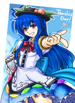  1girl back_bow black_trim blue_background blue_bow blue_hair blue_skirt border bow bowtie breasts collared_shirt commentary_request contrapposto cowboy_shot dated drop_shadow frilled_skirt frills grin hat hat_ornament heart highres hinanawi_tenshi kaname-ishi leaf_hat_ornament light_blush long_hair looking_at_viewer mail_(mail_gell) outside_border outstretched_arm peach_hat_ornament red_bow red_bowtie red_eyes shirt signature skirt small_breasts smile solo tilted_border touhou v-shaped_eyebrows white_border white_shirt 