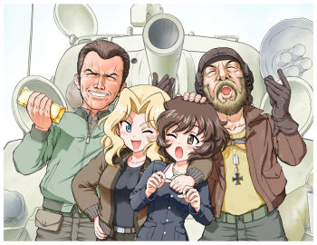  10s 2boys 2girls akiyama_yukari arm_around_shoulder beard belt black_shirt blonde_hair blue_eyes blue_jacket brown_eyes brown_hair brown_jacket clint_eastwood closed_eyes cross donald_sutherland facial_hair girls_und_panzer gloves goggles gold gold_bar grin helmet iron_cross jacket kay_(girls_und_panzer) kelly's_heroes kumazura_chuu long_hair long_sleeves looking_at_another m4_sherman medium_tank messy_hair military military_uniform military_vehicle motor_vehicle multiple_boys multiple_girls one_eye_closed open_mouth parody private_kelly sergeant_oddball shirt short_hair smile standing tank upper_body vehicle wink  rating:Sensitive score:29 user:danbooru