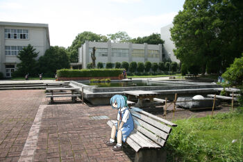  1girl ankle_socks aqua_bow bad_id bad_pixiv_id basketweave bench between_legs black_eyes blue_dress blue_hair blue_sky bob_cut bobby_socks bow brown_shoes building bush cirno closed_mouth collared_shirt day detached_wings dress from_side frown furrowed_brow hair_bow hand_between_legs hunched_over lamppost looking_ahead mary_janes medium_dress neck_ribbon no_nose on_bench outdoors own_hands_together park_bench pavement photo_background pinafore_dress red_ribbon ribbon sad shirt shoes short_hair short_sleeves sitting sky sleeveless sleeveless_dress socks solo tareme touhou tree tsukumizu_yuu water white_shirt white_socks wide_shot wings wooden_bench 
