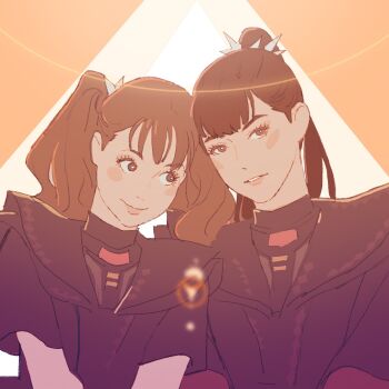  2girls 55bata6rou babymetal backlighting black_dress black_hair blunt_bangs brown_eyes brown_hair closed_mouth dress highres idol kikuchi_moa lens_flare long_hair looking_at_another looking_at_viewer multiple_girls nakamoto_suzuka ponytail real_life smile twintails upper_body 