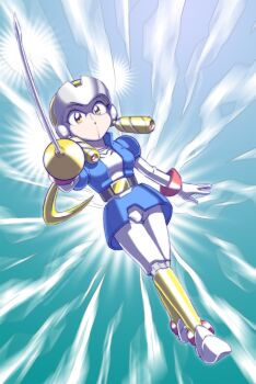  1girl belt black_belt blonde_hair blue_eyes blue_shirt blue_skirt breasts commentary_request dutch_angle emphasis_lines full_body highres holding holding_sword holding_weapon humanoid_robot medium_breasts mescal_(robopon) mizutani_kenta no_mouth open_clothes open_shirt puffy_short_sleeves puffy_sleeves rapier robot robot_girl robot_ponkottsu shirt short_sleeves skirt solo standing sword weapon white_shirt 