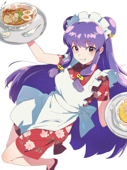  1girl absurdres apron bell bowl chinese_clothes double_bun dress egg_(food) floral_print food hair_bell hair_bun hair_ornament highres holding holding_tray maid_apron maid_headdress noodles ranma_1/2 red_dress shampoo_(ranma_1/2) sidelocks simple_background smirk tororo_kafka tray white_apron white_background 