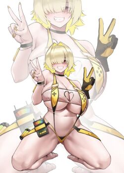  1girl blonde_hair breasts commentary elegg_(boom_and_shock)_(nikke) elegg_(nikke) english_commentary game_controller_print goddess_of_victory:_nikke hair_intakes large_breasts long_bangs short_hair slingshot_swimsuit smile swimsuit two-tone_slingshot_swimsuit v white_background yellow_slingshot_swimsuit zoom_layer zukululuu 