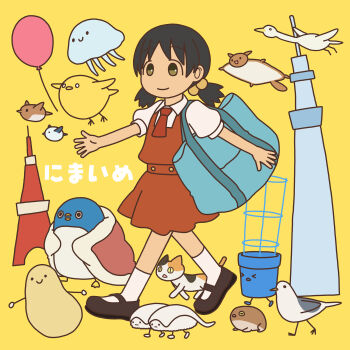  1girl absurdres album_cover album_name animal ascot azuma_kiyohiko balloon bird black_hair blue_bag brown_eyes brown_shoes buttons calico_(pattern) calico_cat cat closed_mouth collared_shirt cover dress flying_squirrel food frog goose hair_bobbles hair_ornament highres kaai_yuki official_art penguin pigeon pinafore_dress potato puffy_short_sleeves puffy_sleeves red_ascot red_dress shirt shoes short_sleeves simple_background sleeveless sleeveless_dress smile socks squirrel sushi third-party_source tower vocaloid walking white_shirt white_socks yellow_background 