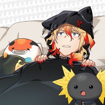 1boy ? ?? animal_hood axel_syrios axel_syrios_(2nd_costume) axelotl_(axel_syrios) axolotl blonde_hair blue_eyes cat_hood confused creature hair_between_eyes hashtag-only_commentary highres holostars holostars_english hood koi koipanion_(josuiji_shinri) lying male_focus me_explaining_to_my_mom_(meme) medium_hair meme mono_(bluesky) multicolored_hair nail_polish on_back on_bed pillow red_hair red_nails slit_pupils streaked_hair two-tone_hair under_covers upper_body virtual_youtuber 