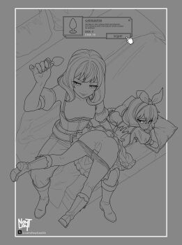  2girls absurdres anus artist_name blanket blush breasts clothes_pull commentary detached_sleeves dress dungeons_&amp;_dragons english_commentary greyscale hairband highres holding_butt_plug looking_back monochrome multiple_girls nayt_layt nipples original pantyhose pantyhose_pull pillow puffy_short_sleeves puffy_sleeves pussy shirt shoes short_hair short_sleeves sitting small_breasts smile 