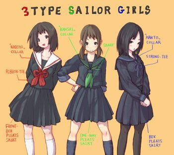  3girls black_eyes black_hair black_sailor_collar blue_neckwear brown_hair english_text green_neckwear long_sleeves looking_at_viewer multiple_girls neck_ribbon neckerchief orange_background pleated_skirt red_neckwear ribbon sailor_collar school_uniform serafuku short_hair skirt tessaku_ro tetsuro_ito white_sailor_collar  rating:Sensitive score:7 user:yanderecs2nd