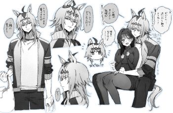  1boy 1girl absurdres adam's_apple arm_around_waist bag behind_another blush_stickers chibi chibi_inset closed_mouth cowboy_shot cropped_legs dress ear_ornament feet_out_of_frame female_trainer_(umamusume) genderswap genderswap_(ftm) greyscale hair_between_eyes hair_ornament hand_on_another's_stomach hand_on_another's_thigh head_tilt height_difference highres holding holding_bag horse_boy hug hug_from_behind invisible_chair jacket light_smile long_hair looking_at_another looking_at_viewer male_focus monochrome multicolored_hair multiple_views nervous oguri_cap_(umamusume) open_clothes open_jacket pants pantyhose parted_lips raised_inner_eyebrows recursive_genderswap shirt shopping_bag sitting sleeves_past_wrists standing sweater sweater_dress track_jacket trainer_(umamusume) translation_request umamusume yumemi_kimyou 