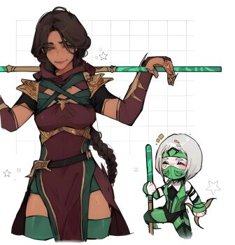  2girls breasts brown_hair grey_eyes highres jade_(mortal_kombat) khameleon mask mortal_kombat_(series) multiple_girls white_hair  rating:General score:7 user:mski<msaki