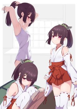  1girl absurdres blush breasts brown_hair camisole commentary_request covered_navel hakama hakama_short_skirt hakama_skirt highres japanese_clothes looking_at_viewer medium_hair miko multiple_views ponytail red_eyes ruttse skirt small_breasts thighhighs touhoku_kiritan tying_hair voiceroid 