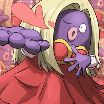  1girl absurdres blonde_hair blowing_kiss colored_skin dress gen_1_pokemon heart highres jynx looking_at_viewer nintendo one_eye_closed open_mouth pokemon pokemon_(creature) purple_skin red_dress solo spicyichizo  rating:General score:2 user:danbooru