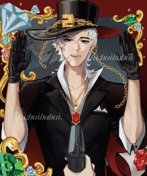  1other 2boys :d absurdres aegyo_sal animification at_gunpoint black_eyes black_gloves black_hat black_jacket blue_gem border bright_pupils chain chain_necklace chinese_commentary closed_mouth collarbone collared_shirt commentary_request diamond_(gemstone) dual_persona earrings fang gem gloves gold_necklace gold_ring green_gem grey_background gun hair_between_eyes handgun hands_up hat headset henry_stickmin henry_stickmin_(series) highres holding holding_gun holding_weapon jacket jewelry laobaibaibaibai layered_sleeves lofter_username male_focus medium_hair mole mole_under_eye multiple_boys necklace open_mouth outside_border pov pov_hands red_border red_gemstone red_pupils ring shirt simple_background smile solo_focus sparkle straight-on stud_earrings teeth thick_eyebrows three-quarter_sleeves top_hat upper_body upper_teeth_only weapon white_hair white_shirt 