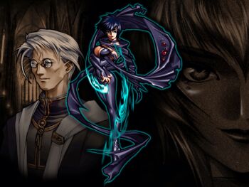  1boy 1girl aura blue_eyes blue_hair brandish_(video_game) brandish_4 brandish_vt breasts bridal_gauntlets center_opening choker cleavage elbow_gloves falcom glasses gloves large_breasts lipstick looking_at_viewer makeup medium_breasts mermelada outline red_lips short_hair standing zuforoa 