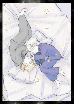  2boys aged_down barefoot bed blonde_hair blush book child closed_eyes commentary_request dr._stone hood hoodie light_blush lips lying male_focus multiple_boys on_bed on_side open_mouth pajamas pants parted_lips pillow shibuichi249 short_hair sleeping sleepwear stanley_snyder_(dr.stone) star_(symbol) white_hair xeno_(dr.stone) 