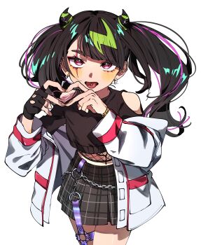  1girl 3am absurdres aqua_outline bare_shoulders black_gloves black_hair black_shirt blush bracelet clothing_cutout commentary commission coqui_saporana cowboy_shot earrings english_commentary eyelashes fingerless_gloves fingernails four-finger_heart_hands gloves gold_bracelet green_hair grey_skirt hair_horns heart heart_hands highres hyamoo jacket jewelry long_sleeves multicolored_hair off_shoulder open_clothes open_jacket open_mouth outline piercing plaid_clothes plaid_skirt purple_hair red_eyes scar scar_across_eye scar_on_face second-party_source shirt shoulder_cutout single_fingerless_glove skeb_commission skirt solo streaked_hair textless_version thick_eyebrows tongue tongue_out tongue_piercing transparent_background twintails virtual_youtuber white_jacket 