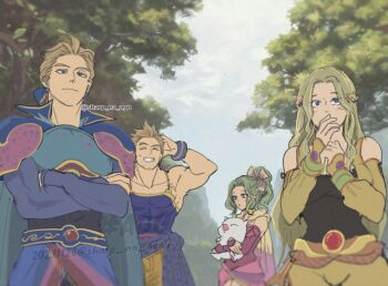  2boys 2girls beard_stubble black_shirt blonde_hair blue_coat blue_eyes blue_shirt brothers celes_chere coat cocked_eyebrow commentary_request creature crossed_arms dated detached_sleeves dress edgar_roni_figaro facial_hair final_fantasy final_fantasy_vi forest green_hair grin hair_ribbon hand_in_own_hair holding holding_creature light_blush long_hair low_ponytail moogle multiple_boys multiple_girls nature nervous_smile outdoors pants ponytail red_dress red_sleeves ribbon sabin_rene_figaro sharp_na_ago shirt short_hair siblings smile stubble sweatdrop teeth tina_branford twitter_username vest yellow_pants yellow_sleeves yellow_vest 