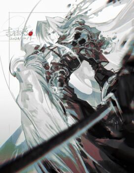  1boy absurdres armor belt black_coat black_gloves chest_strap closed_mouth coat commentary dated feet_out_of_frame final_fantasy final_fantasy_vii final_fantasy_vii_rebirth final_fantasy_vii_remake floating_hair gloves green_eyes grey_hair highres holding holding_sword holding_weapon long_hair long_sword male_focus masamune_(ff7) parted_bangs ppiinnee24 sephiroth shoulder_armor signature solo sword untranslatable_commentary weapon 