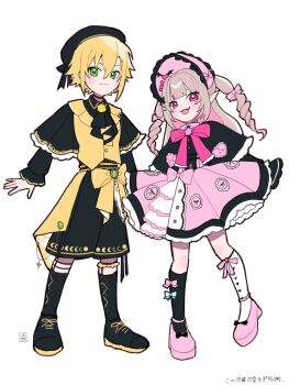  1boy 1girl :3 ankle_strap argyle_clothes argyle_socks ascot asymmetrical_legwear black_ascot black_bow black_capelet black_hat black_ribbon black_shirt black_shoes black_shorts black_sleeves black_socks blonde_hair blue_bow blunt_bangs blush bonnet bow bow_legwear brooch buttons capelet chinstrap closed_mouth collared_shirt colored_inner_hair commentary dress drill_hair fang flipped_hair footwear_bow frilled_bonnet frilled_capelet frilled_dress frilled_sleeves frills full_body green_eyes grey_hair hair_between_eyes hair_intakes hair_ornament hair_ribbon hairpin hat heart highres jewelry kimukimu_1122 long_hair long_sleeves looking_at_viewer magical_boy magical_girl makaino_ririmu mismatched_legwear multicolored_hair neck_ribbon nijisanji official_alternate_costume official_alternate_hairstyle open_mouth petticoat pink_bow pink_dress pink_hair pink_ribbon pink_shoes pink_streaks platform_shoes pointy_ears puffy_long_sleeves puffy_sleeves red_eyes red_ribbon ribbon shirt shoelaces shoes short_hair shorts sidelocks signature simple_background smile socks standing streaked_hair symbol-only_commentary two-tone_hair two_side_up uzuki_kou vest virtual_youtuber waist_ribbon white_background white_socks winged_heart x_hair_ornament yellow_ribbon yellow_vest 