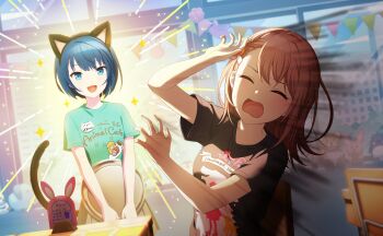  >_< 2girls :d animal_ears animal_print aqua_shirt arm_up aura black_shirt blue_eyes blue_hair braid braided_bangs breasts brown_hair bunting cat_ears cat_print cat_tail chair classroom closed_eyes clothes_writing coffee colorful_palette d: dx english_text fake_animal_ears fake_tail food_print game_cg hanasato_minori hand_up highres holding holding_tray kiritani_haruka light_blush looking_at_another multiple_girls official_art open_mouth orange_ribbon project_sekai ribbon sheep_print shirt short_hair short_sleeves small_breasts smile sparkle sparkling_aura standing stuffed_animal stuffed_elephant stuffed_penguin stuffed_rabbit stuffed_toy sweatdrop table tail teddy_bear third-party_source tray two-tone_ribbon upper_body white_ribbon zekkyou!?_ookami_no_mori_e_youkoso!_(project_sekai) 