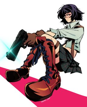  1girl absurdres artist_name bike_shorts black_gloves black_hair boots commentary devil_may_cry devil_may_cry_(series) devil_may_cry_3 english_commentary gloves gun handgun highres holding holding_gun holding_weapon lady_(devil_may_cry) midriff red_eyes scar scar_on_face scar_on_nose shirt shozi_art sitting skirt solo weapon white_shirt 