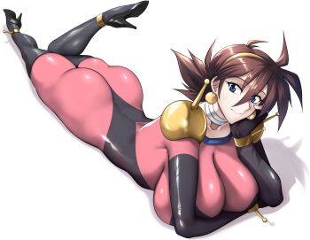  1girl ass blue_eyes bodysuit breasts brown_hair closed_mouth earrings female_focus g_gundam gundam haganef hand_on_own_cheek hand_on_own_face jewelry large_breasts lying mecha_pilot_suit medium_hair mobile_trace_suit on_stomach paid_reward_available rain_mikamura simple_background smile thighs white_background 
