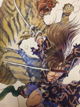  1boy amputee anchor_print arm_blade arm_wrap black_kimono blank_eyes brown_eyes claws colored_skin commentary_request demon dororo_(tezuka) duel green_snake grey_background hair_over_one_eye highres hyakkimaru_(dororo) japanese_clothes katana kimono long_hair looking_back male_focus mouth_hold multiple_swords muscular muscular_male one_eye_covered print_kimono prosthetic_sword prosthetic_weapon red_skin snake sword sword_in_mouth tiger torn_clothes torn_kimono weapon weapon_in_mouth yokota_mamoru 